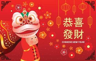 Chinese Lion Dance with Flowers and Lanterns Concept Background vector