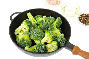 Frozen broccoli cabbage inflorescences in frying pan photo