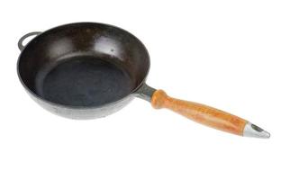 Cast iron black pan with wooden brown handle isolated on white background photo