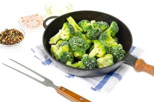 Frozen broccoli cabbage inflorescences in frying pan photo