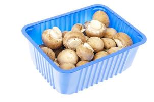 Pack of blue with fresh brown champignons. photo