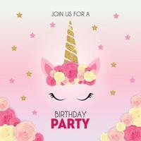 Invitación de fiesta de cumpleaños con lindo unicornio y flor. ilustración vectorial