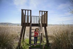 Little girl climbing to a wooden observation tower in a wetland