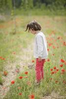 linda niña divirtiéndose en un campo de amapolas foto