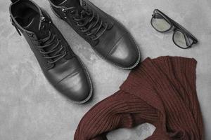 Composition with stylish men's shoes on grey background photo