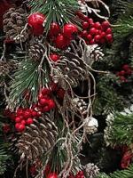 christmas tree with decorations and red berries. Christmas background