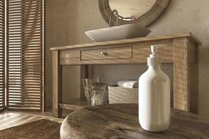 Fondo interior del baño de la exhibición del producto cosmético natural en estilo boho. muebles de madera escandinavos. Ilustración de renderizado 3D.