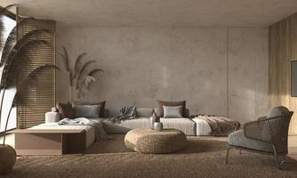 Scandinavian style interior. Living room design with boho decoration wooden furniture. 3d render animation scene.