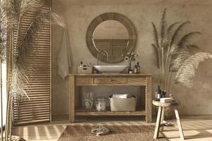 Boho scandinavian style in home interior background. Beige bathroom with natural wooden furniture. 3d rendering. 3d illustration. photo