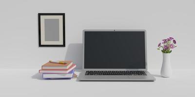 3d render laptop with various objects suitable for mockup designs and advertisings photo