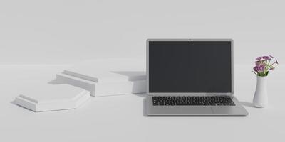 3d render laptop with various objects suitable for mockup designs and advertisings photo