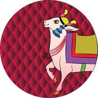 Holy cow in Kalamkari Indian traditional folk art on linen fabrics. It can be used for a coloring book, textile fabric prints, phone case, greeting card. logo, calendar vector