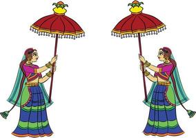 Lord's Gopika, Sevika, or lady servants have drawn in Indian folk art, Kalamkari style. for textile printing, logo, wallpaper vector