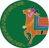 Holy cow in Kalamkari Indian traditional folk art on linen fabrics. It can be used for a coloring book, textile fabric prints, phone case, greeting card. logo, calendar vector