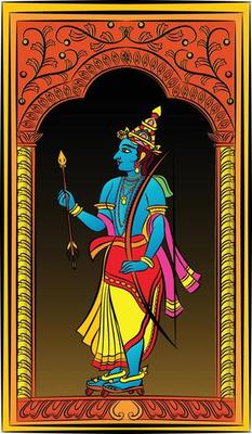 Lord Rama, the Hindu god. with a bow and arrow, and Sevikas or lady servants