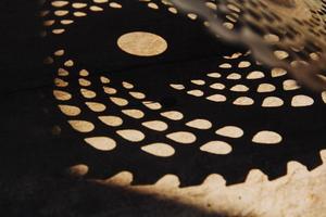 Blade circular saw on background of wooden table photo