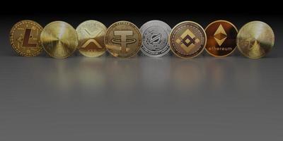 Incluya monedas de criptomoneda con símbolos de bitcoin litecoin y ethereum en la reflexión de fondo oscuro foto