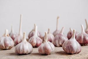 Garlic lie in a row on a rustic wooden background photo