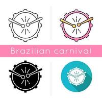 Drum with drumsticks icons set. Linear, black and RGB color styles. View from above. Musical instrument. Brazilian carnival. Samba. Festive drum parade. Musical movement. Isolated vector illustrations