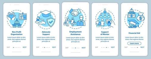 Inclusive society onboarding mobile app page screen with concepts. Social and financial support walkthrough five steps graphic instructions. UI vector template with RGB color illustrations