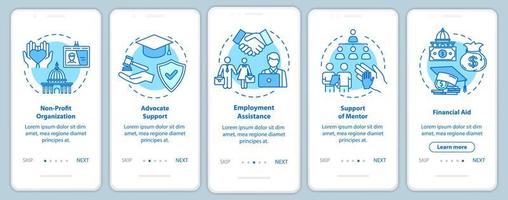 pantalla de la página de la aplicación móvil de incorporación de la sociedad inclusiva con conceptos. Tutorial de apoyo social y financiero Instrucciones gráficas de cinco pasos. plantilla de vector de interfaz de usuario con ilustraciones en color rgb