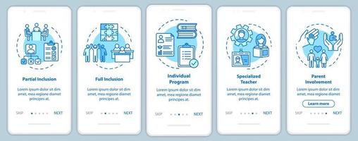 Inclusive education onboarding mobile app page screen with concepts. Educational assistance for disabled walkthrough five steps graphic instructions. UI vector template with RGB color illustrations