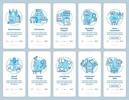 Inclusive program onboarding mobile app page screen with concepts set. Therapy and education for disabled people walkthrough steps graphic instructions. UI vector template with RGB color illustrations