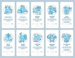 Pantalla de la página de la aplicación móvil de incorporación del programa inclusivo con el conjunto de conceptos. terapia y educación para personas discapacitadas paso a paso instrucciones gráficas. plantilla de vector de interfaz de usuario con ilustraciones en color rgb