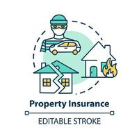 Property insurance concept icon. House robbery. Crime, theft. Weather disaster damage. Real estate idea thin line illustration. Vector isolated outline RGB color drawing. Editable stroke