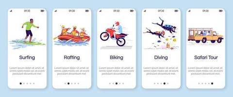 Indonesia tourism onboarding mobile app screen vector template. Active pastime. Extreme activities. Walkthrough website steps with flat characters. UX, UI, GUI smartphone cartoon interface concept