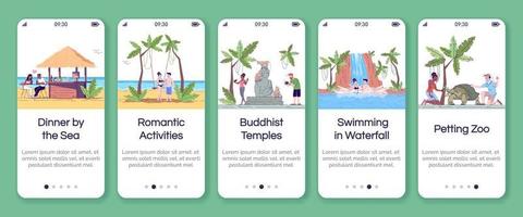 Plantilla de vector de pantalla de aplicación móvil de incorporación de turismo de Indonesia. país tropical. Turismo. paso a paso del sitio web con caracteres planos. concepto de interfaz de dibujos animados de smartphone ux, ui, gui