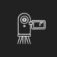 Video camera chalk white icon on black background. Digital recording gadget. Electronic motion picture. Filming, shooting. Portable camcorder. Mobile device. Isolated vector chalkboard illustration
