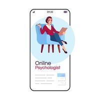 Online psychologist cartoon smartphone vector app screen. Psychology consultation. Psychotherapy. Mobile phone display with flat character design mockup. Application telephone cute interface