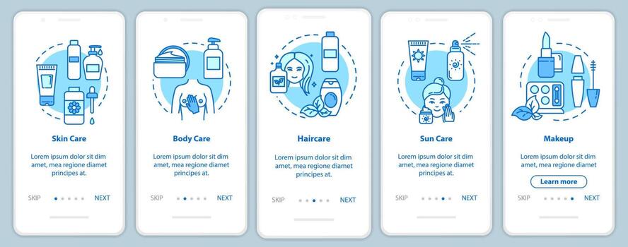 Skicare onboarding mobile app page screen with concepts. Suncare and bodycare. Dermatology walkthrough 5 steps graphic instructions. UI vector template with RGB color illustrations