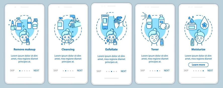 Skicare onboarding mobile app page screen with concepts. Regular masks, facebuilding. Cosmetology walkthrough 5 steps graphic instructions. UI vector template with RGB color illustrations