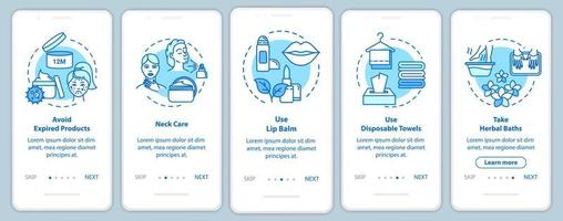 Skicare onboarding mobile app page screen with concepts. Cosmetic products. Cosmetology and beauty walkthrough 5 steps graphic instructions. UI vector template with RGB color illustrations