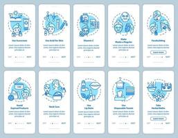 Skicare onboarding mobile app page screen with concepts. Cosmetic products. Dermatology and cosmetology walkthrough 5 steps graphic instructions. UI vector template with RGB color illustrations