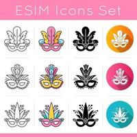 Masquerade masks icons set. Traditional headwear with plumage. Linear, black and RGB color styles. Ethnic festival. Brazilian national holiday. Isolated vector illustrations