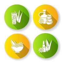 Aloe vera flat design long shadow glyph icons set. Organic cream with vitamin. Medicinal herbs in bowl. Moisturizing oil. Cosmetic products for skincare. Silhouette RGB color illustration vector