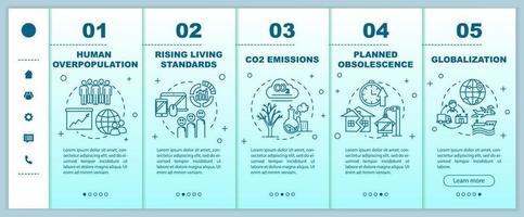 plantilla de vector de incorporación de consumo excesivo. globalización, superpoblación. consumismo y consumo. sitio web móvil receptivo con iconos. pantallas de pasos del tutorial de la página web. concepto de color rgb