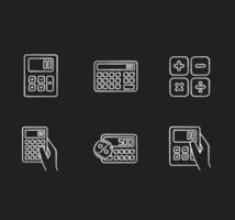 Pocket calculators chalk white icons set on black background. Mathematical calculation. Quick counting. Small electronic gadgets. Accounting. Mobile devices. Isolated vector chalkboard illustrations