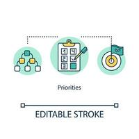 Priorities concept icon. Task prioritizing idea thin line illustration. Smart goals setting and planning. Effective time managing. Vector isolated outline RGB color drawing. Editable stroke