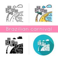 Brazil ocean beach icons set. Linear, black and RGB color styles. Skyscrapers and pond. Buildings. Road along coast with palm. San Paulo. Rio de Janeiro. Isolated vector illustrations