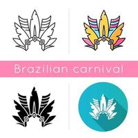 Brazilian carnival headwear icons set. Linear, black and RGB color styles. Crown with plumage. Mask. Traditional clothing. National holiday. Masquerade parade. Isolated vector illustrations