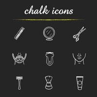 Barber shop icons set. Comb, round mirror, scissors, beard, electric shaver, man's face, razor, aftershave cream, brush illustrations. Isolated vector chalkboard drawings