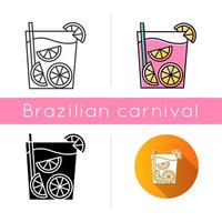 Caipirinha icons set. Linear, black and RGB color styles. Brazilian cocktail. Alcoholic beverage with lime. Traditional drink. All-day cocktail. National potation. Isolated vector illustrations