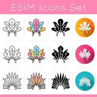 Brazilian carnival hat icons set. Crown with plumage. Linear, black and RGB color styles. Traditional headwear. Ethnic festival. National holiday. Masquerade parade. Isolated vector illustrations
