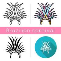 Brazilian carnival headwear icons set. Linear, black and RGB color styles. Crown with palm leaves and jewels. Ethnic festival. National holiday. Masquerade parade. Isolated vector illustrations