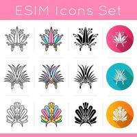 Brazilian carnival hat icons set. Crown with plumage. Linear, black and RGB color styles. Traditional headwear. Ethnic holiday. National festival. Masquerade parade. Isolated vector illustrations