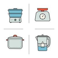 Kitchen appliances color icons set. Cooking instruments. Steam cooker, food scales, saucepan, water filter. Kitchenware. Vector isolated illustrations